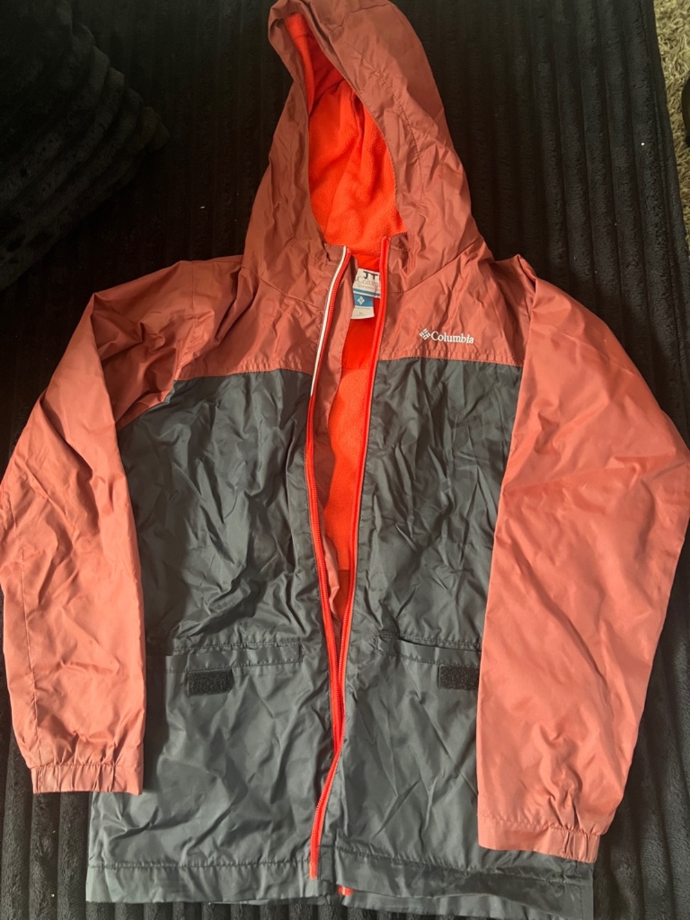 Columbia Kids Hooded Coat in Rust and Charcoal with Orange Lining